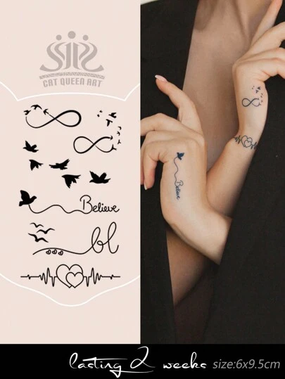 1pc Herbal Juice Semi-Permanent Minimalist Healing Symbol Bird Electrocardiogram Temporary Tattoo, 7-14 Days Waterproof, Suitable For Finger, Ankle, Shoulder, Neck, Collarbone