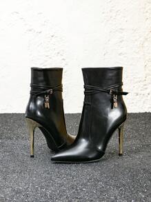 Women's Fashion Party Pointed Toe Black PU Side Zipper Slip-On Black Metallic Heel Ankle Boots