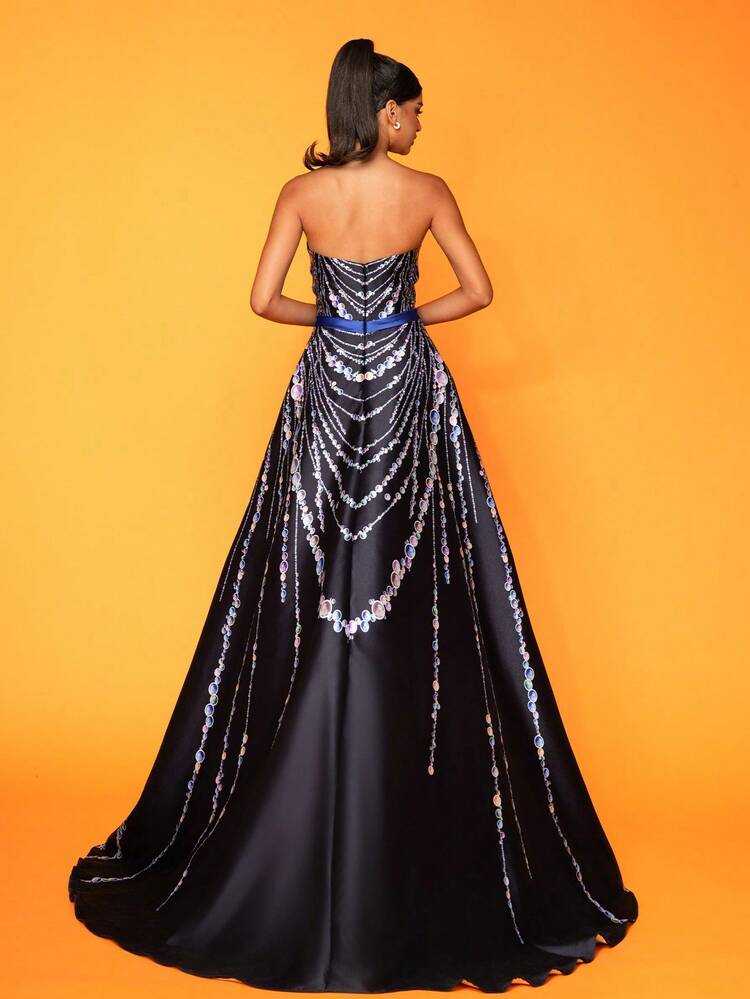 Nuevo vestido de noche elegante con cadena de cuentas y estampado floral, vestido formal negro, para invitada de boda, graduación, cena - Negro - Añade 2