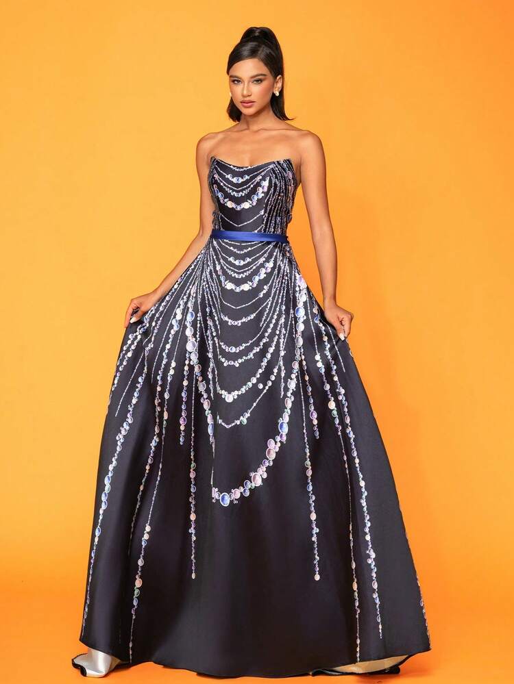 Nuevo vestido de noche elegante con cadena de cuentas y estampado floral, vestido formal negro, para invitada de boda, graduación, cena - Negro - Añade 6