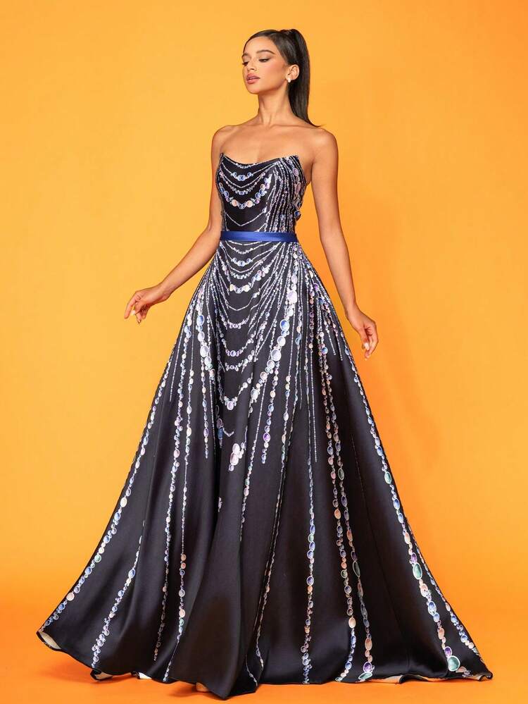 Nuevo vestido de noche elegante con cadena de cuentas y estampado floral, vestido formal negro, para invitada de boda, graduación, cena - Negro - Añade 1