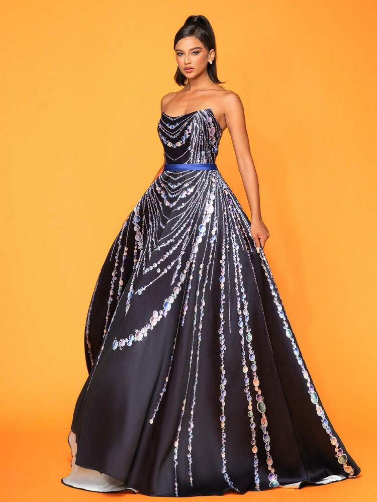 Nuevo vestido de noche elegante con cadena de cuentas y estampado floral, vestido formal negro, para invitada de boda, graduación, cena - Negro - Añade 3