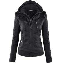 Newbestyle Faux Leather Jacket For Women Casual Moto Biker Jacket Quilted Full-Zip Coat Long Sleeve With Hoody - 黑色 - 查看 1