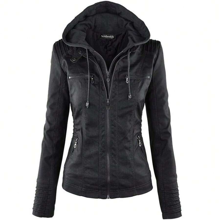 Newbestyle Faux Leather Jacket For Women Casual Moto Biker Jacket Quilted Full-Zip Coat Long Sleeve With Hoody - 黑色 - 查看 1