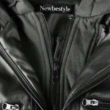 Newbestyle Faux Leather Jacket For Women Casual Moto Biker Jacket Quilted Full-Zip Coat Long Sleeve With Hoody - 黑色 - 查看 5