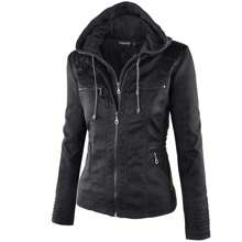 Newbestyle Faux Leather Jacket For Women Casual Moto Biker Jacket Quilted Full-Zip Coat Long Sleeve With Hoody - 黑色 - 查看 3