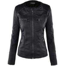 Newbestyle Faux Leather Jacket For Women Casual Moto Biker Jacket Quilted Full-Zip Coat Long Sleeve With Hoody - 黑色 - 查看 4