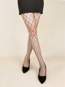 1pair Women Solid Casual Fishnet Tights For Daily Life - Black - View 1