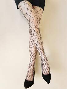 1pair Women Solid Casual Fishnet Tights For Daily Life - Black - View 4