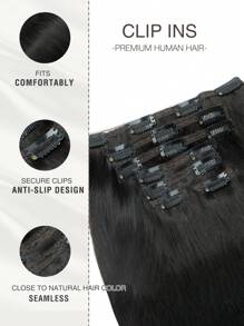 7 Piezas de extensiones de cabello natural de color negro liso con clip de cabello humano Remy - S1 - Ver 4