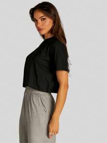 Basic Cotton T-Shirt Round Neck Cropped T-Shirt Plain Combed Knit - 黑色 - 查看 3