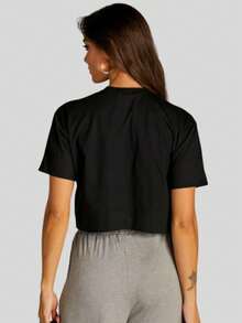 Basic Cotton T-Shirt Round Neck Cropped T-Shirt Plain Combed Knit - 黑色 - 查看 2