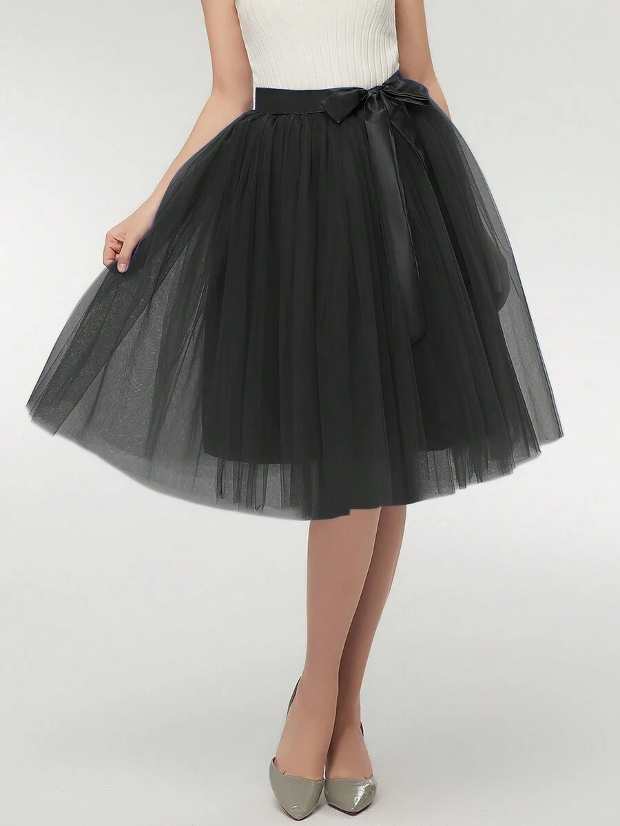 1 Pc Short Midi Length Tulle Tutu Skirt With Ribbon For Halloween Cosplay Wedding Party Black Royal Blue Dark Green Navy Blue Red - Multicolor - View 1