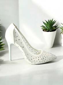 RevReaL Elegant Mesh Pumps With Studded Detailing Valentines Stylish High Heels - White - View 4