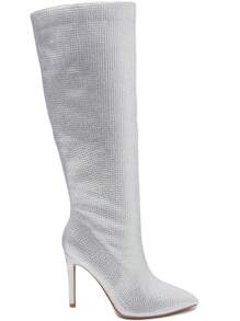Rhinestone Thigh-High Boots – Glamorous Stiletto Heel Boots - Silver - View 4