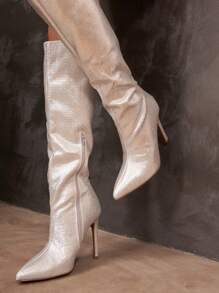 Rhinestone Thigh-High Boots – Glamorous Stiletto Heel Boots - Silver - View 2