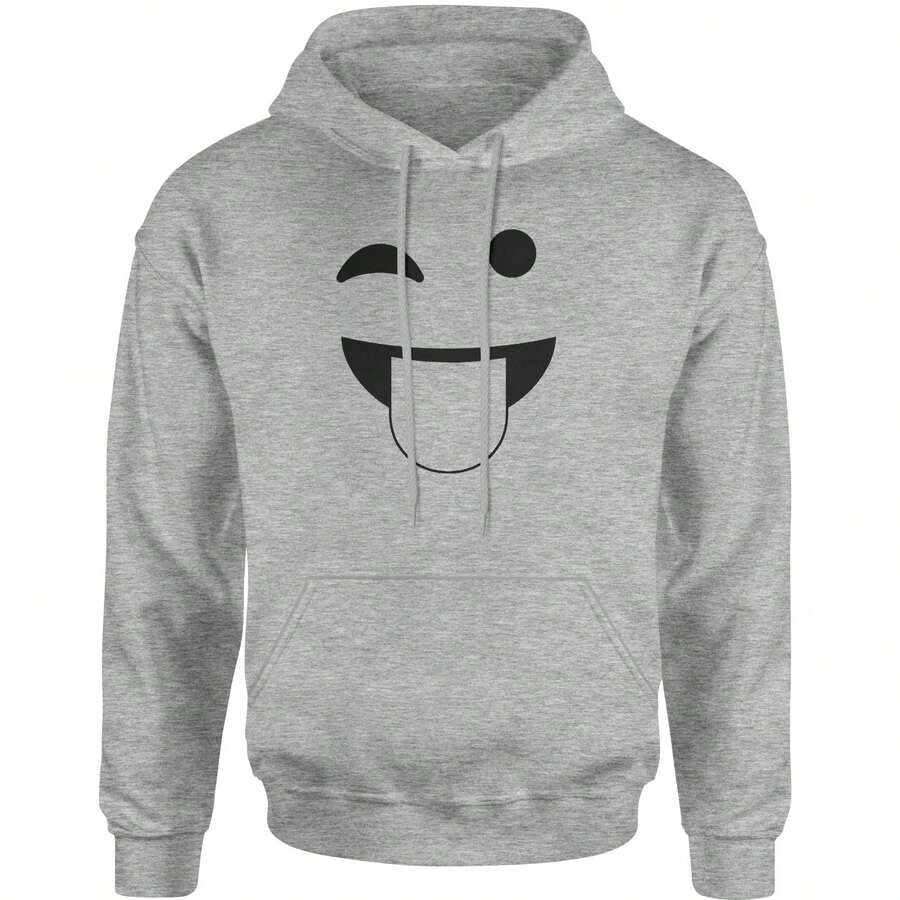 Emoticon Tongue Hanging Out Smile Face Adult Hoodie Sweatshirt - Heather grey - View 1