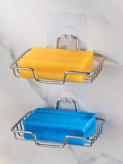 1pc Stainless Steel Wall Mounted Soap Dish, Bathroom Soap Holder, Adhesive Drain Soap Dish, Rust-Proof & Waterproof, Home Bathroom Decor, Autumn Decor, Back To School Decor