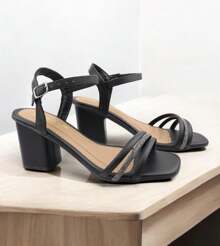 Women's Sandals, Elegant Block Heel, Medium, Shiny, Buckle Closure, Colors: Black, , Nude, Blue - 黑色 - 查看 1