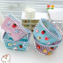 Mini Hand Basket Bath Small Plastic Brush Holder Cosmetics Stationery Box Pen Fruit - Màu xanh tròn - Xem 3