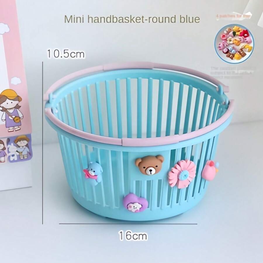 Mini Hand Basket Bath Small Plastic Brush Holder Cosmetics Stationery Box Pen Fruit - Màu xanh tròn - Xem 1