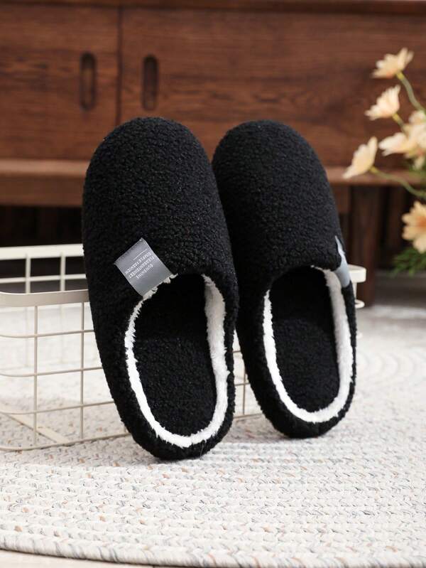Women's Soft & Simple Plush Lined Slippers, Lightweight Slip-On Indoor Casual Shoes For Home Use, Black & White, Fashionable Slippers, Elegant College Style For Autumn & Winter