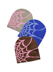 3pcs/Set Casual Spider Web Acrylic Colorblock Knit Beanies For Daily Wear Skull Skeleton