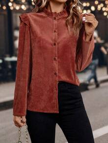 Damen Bluse mit Rüschenkragen, einfarbig, Langarm, Knopfleiste, elegant, Frühling/Herbst