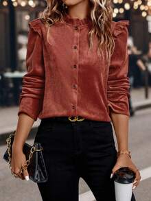 Damen Bluse mit Rüschenkragen, einfarbig, Langarm, Knopfleiste, elegant, Frühling/Herbst