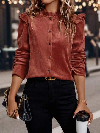 Women's Solid Color Ruffled Collar Long Sleeve Single-Breasted Elegant Blouse, Spring/Autumn