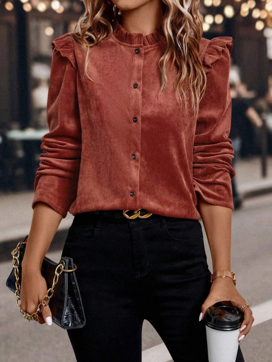 Damen Bluse mit Rüschenkragen, einfarbig, Langarm, Knopfleiste, elegant, Frühling/Herbst