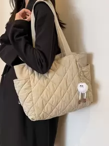 2025 New Fashion Large-Capacity Quilted Diamond Design Double Handle Single Shoulder Handbag, Lightweight And Portable, Women's Wallet, Suitable For Summer Outdoor Travel, Decorated With Animal Pendants, Travel Essential Single Shoulder Handbag, Handbag, College Essential Bag, Attached Bag Size Chart, Please Read Carefully Before Purchase