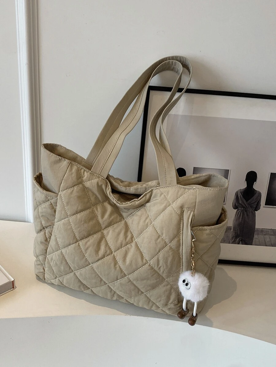 2025 New Fashion Large-Capacity Quilted Diamond Design Double Handle Single Shoulder Handbag, Lightweight And Portable, Women's Wallet, Suitable For Summer Outdoor Travel, Decorated With Animal Pendants, Travel Essential Single Shoulder Handbag, Handbag, College Essential Bag, Attached Bag Size Chart, Please Read Carefully Before Purchase