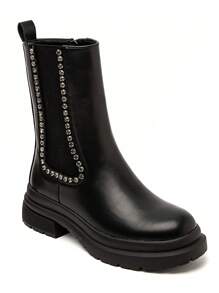 Camel Rhinestone Chelsea Boots – Chic Chunky Flat Boots - Black - View 4