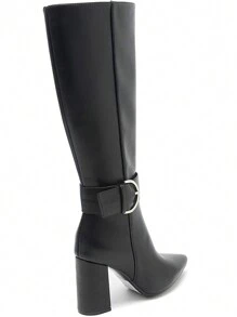 Camel High Block Heel Boots – Chic Decorative Buckle - Black - View 7