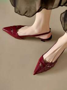 女士时尚派对交叉带镂空设计尖头高跟 PU 皮革浅口鞋，酒红色