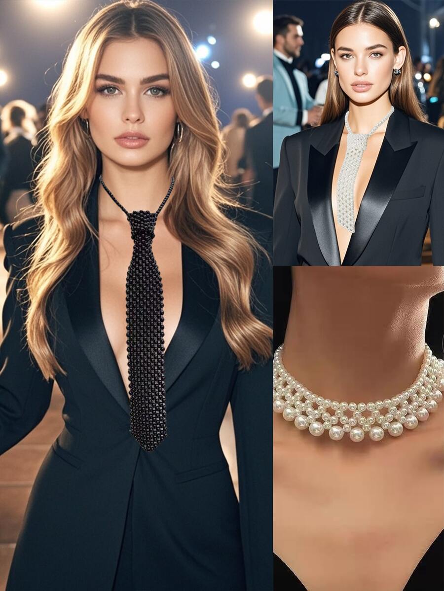 A Handmade Pearl Tie With Elegant Retro College Style For  Girls. Heavy-Duty Beaded, All-Match Fashion Item. A Hollowed-Out Woven Tie That Can Be Matched With Shirts, JK Uniforms And Suits. Suitable For Occasions Such As Campus Dances And Activity Parties. - Multicolor - View 1