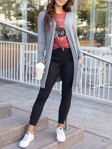 女士高腰褶皱口袋紧身裤 - 黑色 - 查看 10