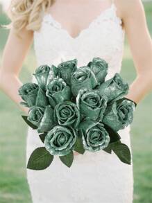 16.92in Glitter Roses Artificial Flowers 12pcs Long Stem Glitter Silk Roses Burgundy Fake Flowers For DIY Craft,Wall Decoration,Baby Shower Flower Centerpieces - Mint Green - View 2