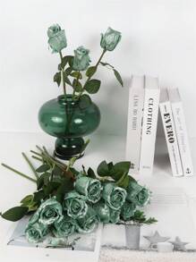 16.92in Glitter Roses Artificial Flowers 12pcs Long Stem Glitter Silk Roses Burgundy Fake Flowers For DIY Craft,Wall Decoration,Baby Shower Flower Centerpieces - Mint Green - View 4