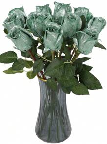 16.92in Glitter Roses Artificial Flowers 12pcs Long Stem Glitter Silk Roses Burgundy Fake Flowers For DIY Craft,Wall Decoration,Baby Shower Flower Centerpieces - Mint Green - View 6