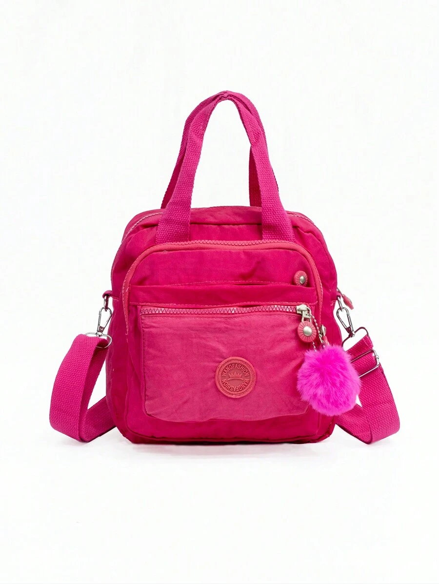 Waterproof Pompom Multilayer Crossbody Backpack Bag IMPORTED W5001 - Màu Hồng Tươi - Xem 1