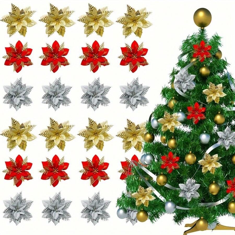 2/10 bông hoa giả lấp lánh (có kẹp), đồ trang trí cây nhiều màu cho năm mới, đám cưới, tiệc tùng, vòng hoa và vòng hoa tự làm quà tặng tốt nhất cho sinh nhật trang trí nhà trang trí giáng sinh trang trí phòng giáng sinh mùa đông - màu đỏ - Xem 1