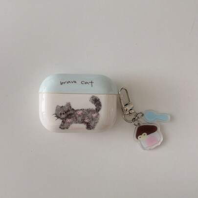 蓝帽灰蝴蝶结小猫插画耳机盒+吊坠套装 适用于苹果Pro3/Pro2/Pro/AirPods3/AirPods2/AirPods4