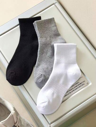 1/3/6双装黑/白/灰纯色双条纹男女通用中筒袜，适合户外活动、休闲穿着，男女通用加厚长袜，适合冬季和秋季穿着。