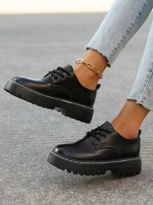 女士粗跟玛丽珍鞋，纯色系带厚底鞋，百搭校园风 - 黑色 - 查看 4