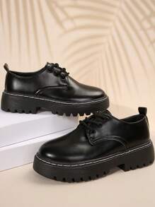 女士粗跟玛丽珍鞋，纯色系带厚底鞋，百搭校园风 - 黑色 - 查看 2