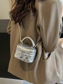 1 chiếc túi xách mini dành cho nữ, túi đeo chéo họa tiết kim cương thêu màu trơn thời trang đựng vừa thẻ và chìa khóa - Bạc - Xem 4