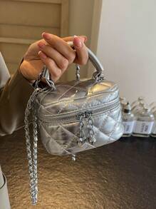 1 chiếc túi xách mini dành cho nữ, túi đeo chéo họa tiết kim cương thêu màu trơn thời trang đựng vừa thẻ và chìa khóa - Bạc - Xem 6