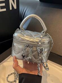 1 chiếc túi xách mini dành cho nữ, túi đeo chéo họa tiết kim cương thêu màu trơn thời trang đựng vừa thẻ và chìa khóa - Bạc - Xem 3